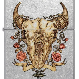 Zippo Lighter - Rick Rietveld Floral Bull Skull